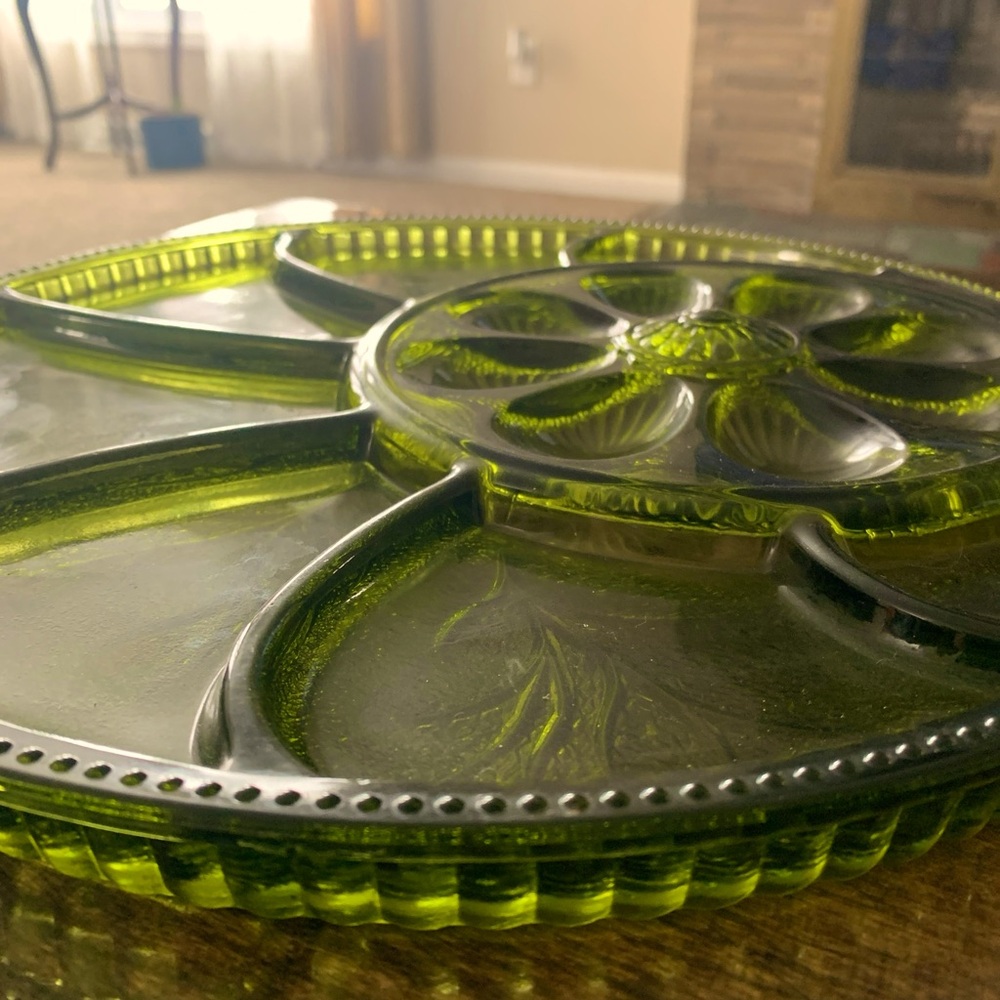 Vintage Indiana Glass Co Deviled Egg Hors D'Oeuvre Tray Olive Green Mid Century